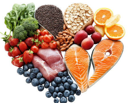 Healthy food arranged in a heart shape on a white background