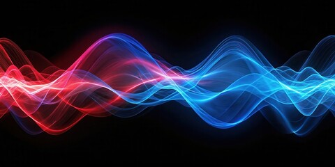 Abstract digital art featuring flowing waves of blue and red light against a black background