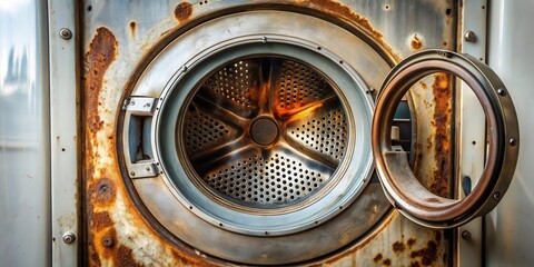 A Rusted Metal Doorway A Closeup View of an Open Washing Machine Drum Revealing a Pattern of Circular Holes and a Worn Metallic Surface