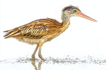 little bittern stands poised in the shallows, its long beak extended as it scans the water for food. The bird's striking plumage glistens gently in the soft light of day.