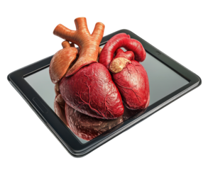 Human hearts displayed on a tablet, digital health concept.