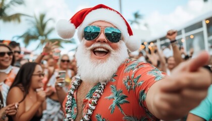 Santa Claus in a Hawaiian Shirt and Sunglasses Celebrates with a Crowd of People on a Tropical...