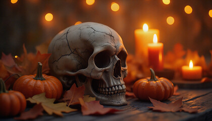 a skull surrounded by pumpkins and candles on a table