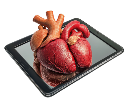 Human hearts displayed on a tablet, digital health concept.