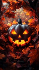 A glowing jack-o'-lantern sits amongst a bed of autumn leaves, creating a spooky and festive atmosphere.