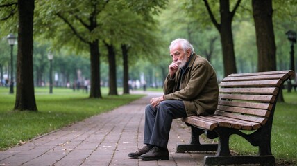 Old thoughtful man sitting on the bench in the green park 