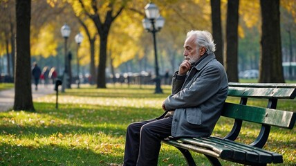 Fototapeta premium Old thoughtful man sitting on the bench in the green park 