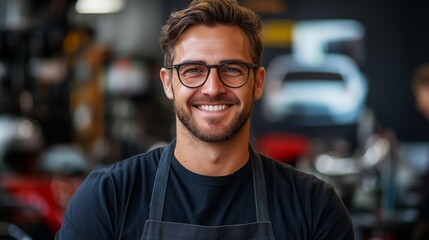 A handsome man with glasses, dressed in black and wearing an apron, stands at the entrance of the car workshop, smiling confidently while standing at his workstation.