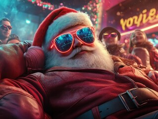 Santa Claus in Neon Sunglasses Leading a Festive Holiday Flash Mob in a Vibrant City Setting, A Fun and Energetic Christmas Celebration
