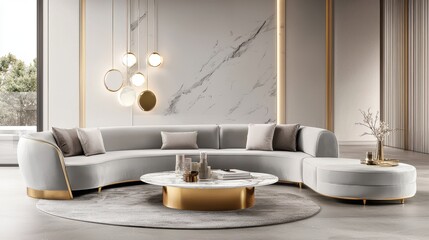 Luxurious velvet couch in a sophisticated living room, paired with marble accents and gold decor, evoking a sense of elegance.