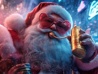 Santa Claus with Heart-Shaped Sunglasses Blowing a Whistle on a Festive Night with Neon Lights, Christmas Holiday Cheer and Fun