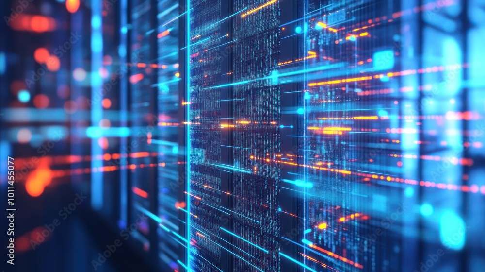 Poster abstract digital data flow with vibrant lights and patterns, representing technology and innovation.