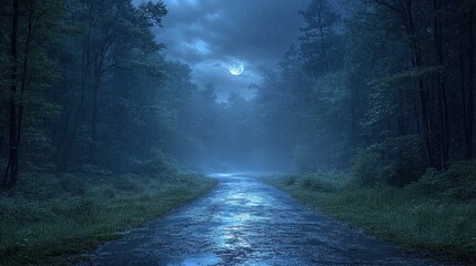 Fototapeta premium A dark, rain-soaked forest path illuminated by the faint light of the moon, with the sound of distant thunder adding to the mysterious vibe=