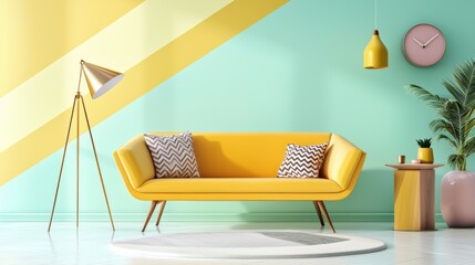 Mid-century modern sofa with angular design and vibrant upholstery, placed in a stylish living room with retro decor.