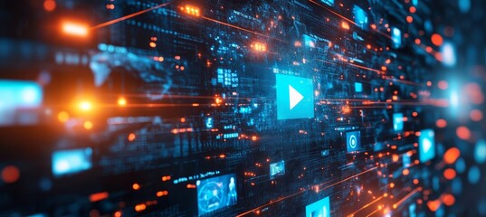 Streaming Media Technology Abstract Multimedia Background with Channel Images and TV Video