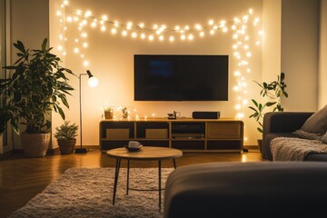 An elegant living room features glowing string lights and lush greenery, enhancing the space with a festive atmosphere perfect for holiday gatherings and relaxation.