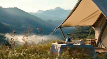 Fototapeta premium A serene camping scene featuring a tent beside a table set for tea, with beautiful mountains and misty valleys in the background.