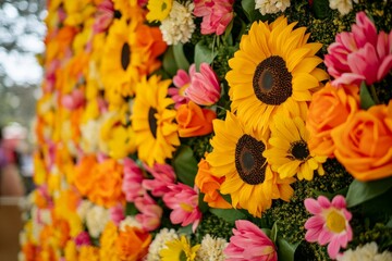A vibrant and colorful flower wall display, featuring large sunflowers, pink tulips, and orange roses, showcasing a beautiful array of mixed floral blooms.
