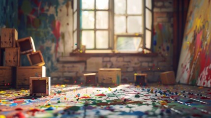 Bright and Colorful Art Studio with Paint-Splattered Floor and Wooden Boxes