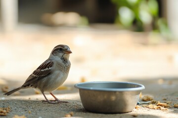 A sparrow stands alert on sandy terrain, gazing at a metallic dish, amid a softly blurred backdrop of greenish hues, representing curiosity and vigilance.