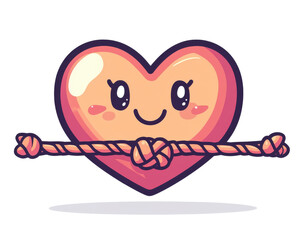 Cute heart character holding a knotted rope, white isolate background