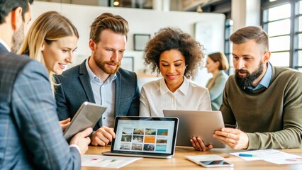 Diverse group of business people collaborating around a laptop and tablets.