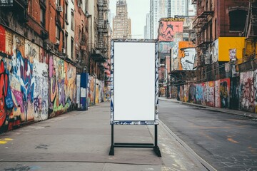 Obraz premium A bustling city street adorned with vibrant graffiti and featuring a blank billboard, capturing urban art culture and the hustle of city life in a unique setting.