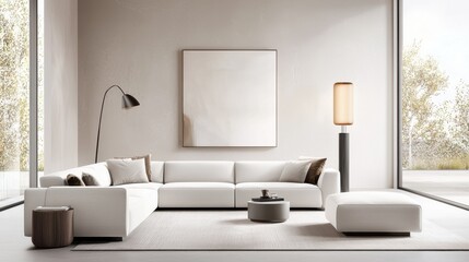 Fototapeta premium Modern sectional couch in a minimalist living room, with neutral tones and clean lines, creating a sleek, sophisticated space.