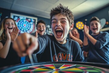 A group of excited kids with cheering expressions enjoy playing a competitive dart game together, with colorful darts and themes around creating a lively atmosphere indoors.