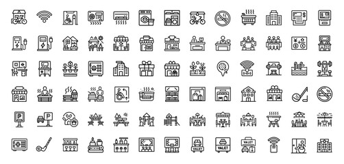 modern city lifestyle activities amenities line art icon set, shopping dining entertainment transportation, bicycles pedestrians trains airplanes
