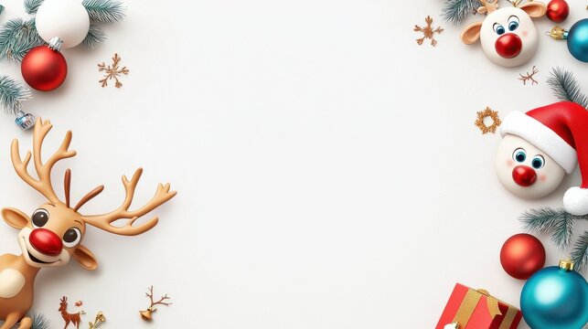 Playful Christmas frame with cartoon reindeer, Santa hats, and ornaments framing the corners in a whimsical holiday style.