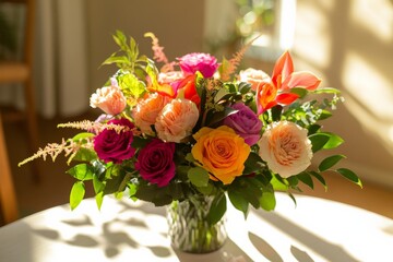 A luxurious floral arrangement combining vivid roses and lilies in a crystal vase, bathed in sunlight, radiating elegance and sophisticated natural beauty indoors.