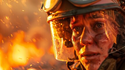 A firefighter shows determination in the face of danger amid flames and smoke, emphasizing bravery in challenging situations