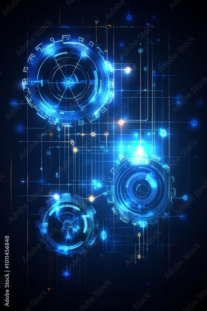 Poster digital gears. futuristic tech abstract background with blue gears on circuit. machine learning.