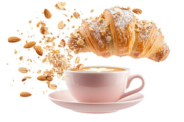FRESH BAKED BUTTER NUTS CROISSANT flying  with tea  TRANSPARENT PNG