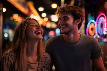 Two friends are caught in a moment of infectious laughter against the backdrop of neon-lit arcade games, creating a vivid image of friendship and enjoyment.
