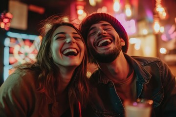 Obraz premium Friends share a cheerful and carefree moment under vibrant, colorful lights in an urban setting, reflecting joy and youthful energy in a contemporary style.