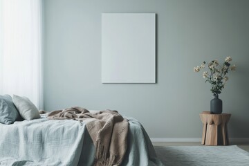 Elegant bedroom interior design, Morandi color palette of dusty blue, soft brown, and light grey, and a large minimalist painting, cozy and peaceful atmosphere