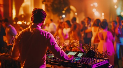 Guests dance during a wedding reception at a DJ console amidst vivid colors and a lively ambiance