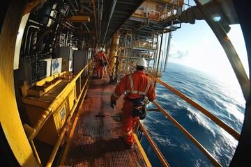 Engineers in red safety suits walk along a yellow metal platform on an offshore oil rig, with the ocean stretching to the horizon under a clear blue sky.