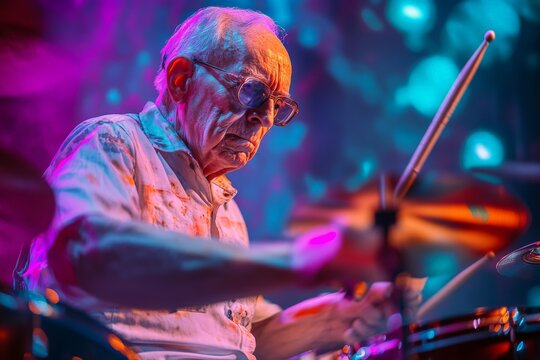 A senior drummer captivates the audience with a powerful performance under a colorful spotlight. His mastery of rhythm tells a story of experience and passion for music.