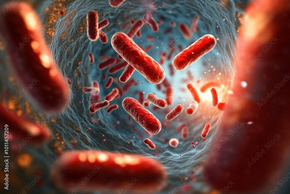 Fototapete Brightly illuminated with a glowing biological atmosphere, red bacteria float and swirl elegantly through a complex and intricate tunnel structure in this lively illustration.