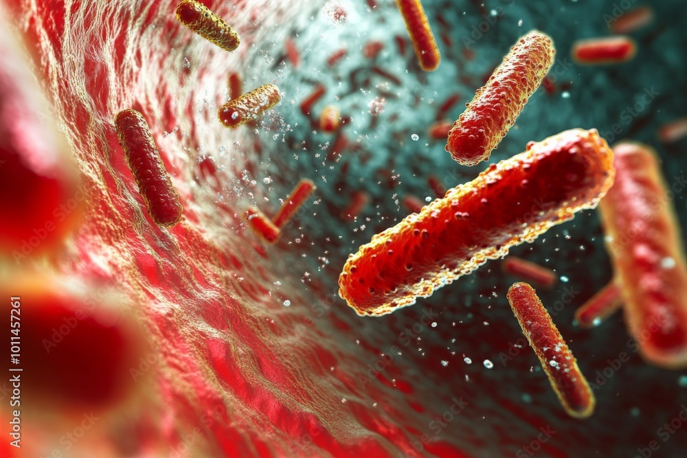 Poster An abstract representation of red bacteria energetically navigating through a fluid-like tunnel structure, illustrating the vibrancy and dynamics of microscopic life systems.
