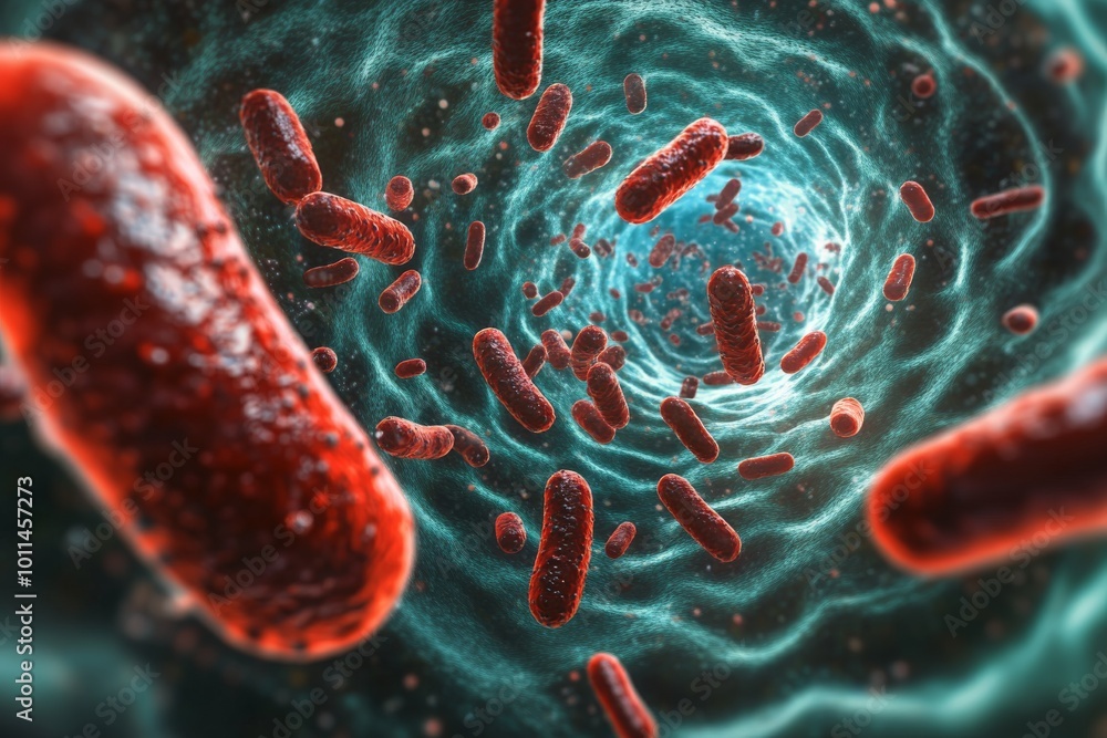 Aufkleber Rod-shaped red bacteria swirl dynamically through a deep biological vortex, making the viewer wonder about the intricate and fascinating processes of microscopic organisms.