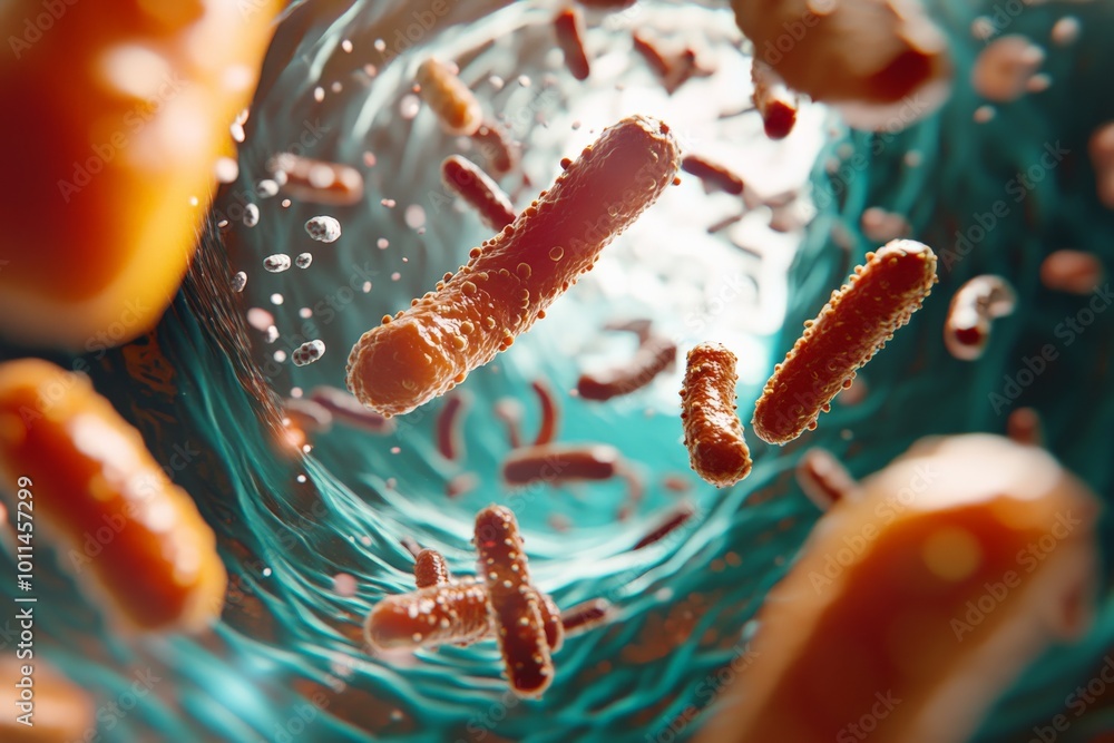 Poster this piece features energetic orange-red bacteria dynamically moving through an imaginary waterway, 