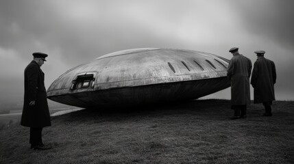 History's photo officers Inspect UFO crashed on the ground, the ground is turned around from the fall, ultra realism, historical authenticity, monochrome