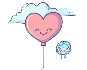 Cute heart balloon floating with a smiling cloud.