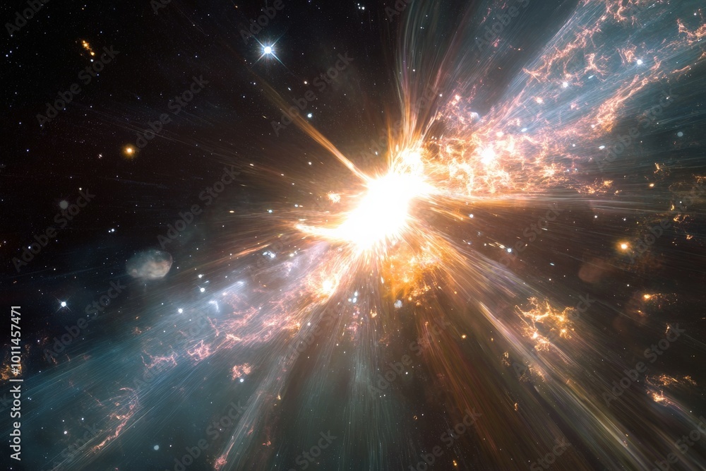 Poster a spectacular cosmic event depicted with vibrant starburst effects, showcasing the immense power and