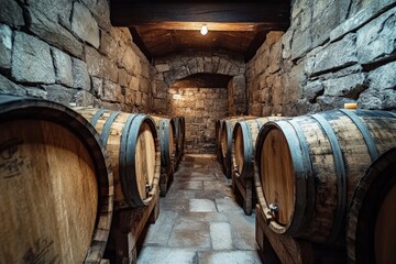 A rustic wine cellar filled with large wooden barrels, surrounded by stone walls, evokes the timeless tradition of wine storage and aging. Soft lighting adds warmth.