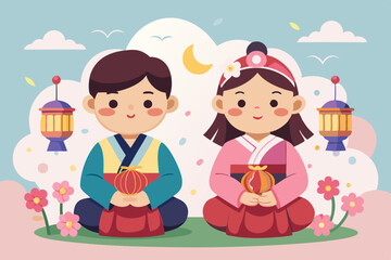 Korean children wearing Hanbok, a boy and girl sitting on the ground holding traditional Korean lanterns in their hands with colorful patterns, Flat background for korean seollal festival celebration